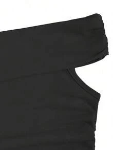Sweetra Women's Summer Slim Fit Ruched Off Shoulder T-Shirt, Solid Color Y2K - Black - View 6