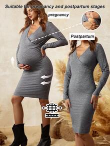 SHEIN Casual Grey V-Neck Long-Sleeved Midi-Length Maternity Dress,Autumn Maternity Wear,Nursing Postpartum Clothing,Bohemian Fitted Beach Maternity-Friendly - Grey - View 9
