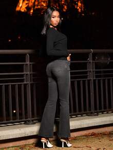 Mima John 高腰喇叭牛仔裤女式弹力喇叭裤Y2K街头休闲复古时尚服装灰色 - 灰色 - 查看 6