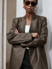 Aveloria Modichic 女士宽松酒红色复古纹理PU无领极简设计西装外套，秋冬欧美高端系列 - 綠色 - 查看 6