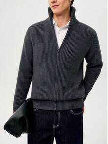 RONVEXI Cardigan tricoté zippé à manches longues, couleur unie minimaliste pour tous les jours, automne/hiver - Gris foncé - Voir 6