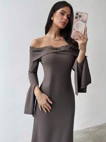 Firerie Váy dài tay màu nâu lệch vai phối ren chắp vá mới thanh lịch lãng mạn cho tiệc cưới, dự tiệc dành cho nữ, váy thu đông cho nữ, váy nâu cho nữ, áo khoác ngoài - màu nâu - Xem 5