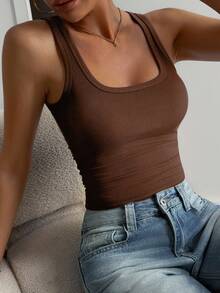 DAZY Camiseta sin mangas ajustada de cuello cuadrado de unicolor casual para mujer, estilo Y2K de verano - Café integral - Ver 3