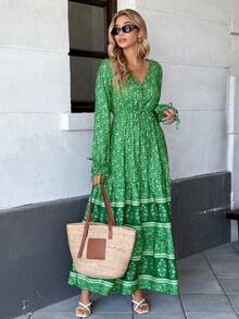 Breezaya Gaun Maxi Motif Bunga dengan Simpul di Depan, Lengan Bergelombang, dan Hem Berkerut untuk Pakaian Tahun Baru - Hijau - View 5
