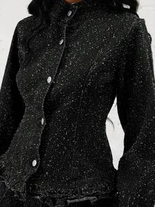 COUREZ Fitted Denim Jacket With Frill Detail In Textured Pulled Denim /Y2K Going Out Outfits  Women Clothes Spring Clothes For Women Gothic Set Club Outfits Women Sexy - Black - View 5