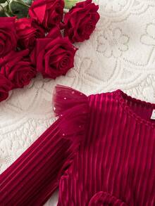 年轻女孩优雅丝绒红色网纱长袖连衣裙 - 彩色 - 查看 5