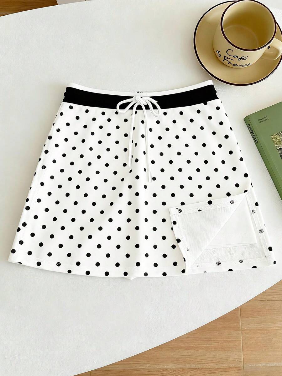 INAWLY 女士波点印花扭结开衩休闲复古半身裙 - 彩色 - 查看 1