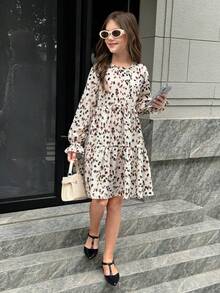 SHEIN 少女休闲度假时尚圆领泡泡袖宽松拼接连衣裙 - 彩色 - 查看 4