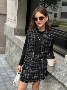 Firerie Kids Tween Girl Plaid Collar Double-Breasted Vest And A-Line Skirt Elegant Tweed 2-Piece Set, Autumn/Winter Outfit, Minimalist Everyday/Commute Wear, Suitable For Spring, Autumn, Winter, Vacation - Black - View 4