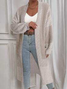 Chiquease Contrast Stripe Pattern Casual Versatile Long Sleeve Cardigan - Khaki - View 4