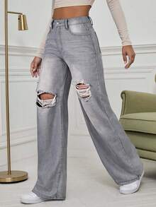 SHEIN ICON Jeans de pierna ancha con cintura alta y rotos en azul denim lavado - Gris - Ver 5