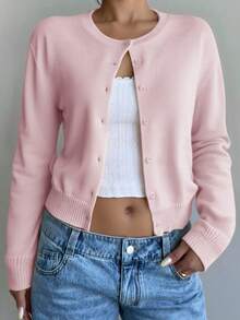 SHEIN 少女针织开衫，休闲纯色圆领长袖宽松短款毛衣，保暖舒适，时尚百搭，适合日常通勤 - 粉色 - 查看 3