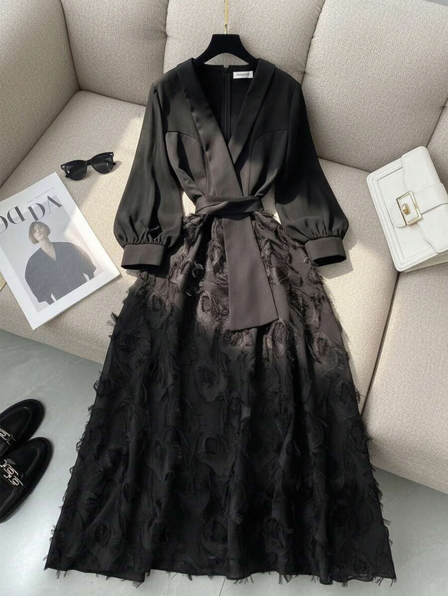 Franclia 女款V領黑色秋季優雅洋裝,晚餐派對晚禮服,毛絨3D花卉紋理拼接收腰A字長燈籠袖服飾 - 黑色 - 查看 1