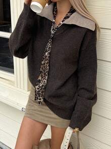 DAZY Women's Casual Colorblock Patchwork 2 In 1 Turtleneck Sweater, Autumn/Winter - Coffee Brown - View 3