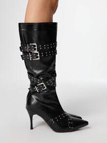 Sugerpunk 女士可调节搭扣中筒高跟靴，时尚通勤款 - 黑色 - 查看 4