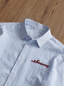 Manfinity VCAY Men's Slogan Embroidered Striped Casual Long Sleeve Shirt - Blue - View 5