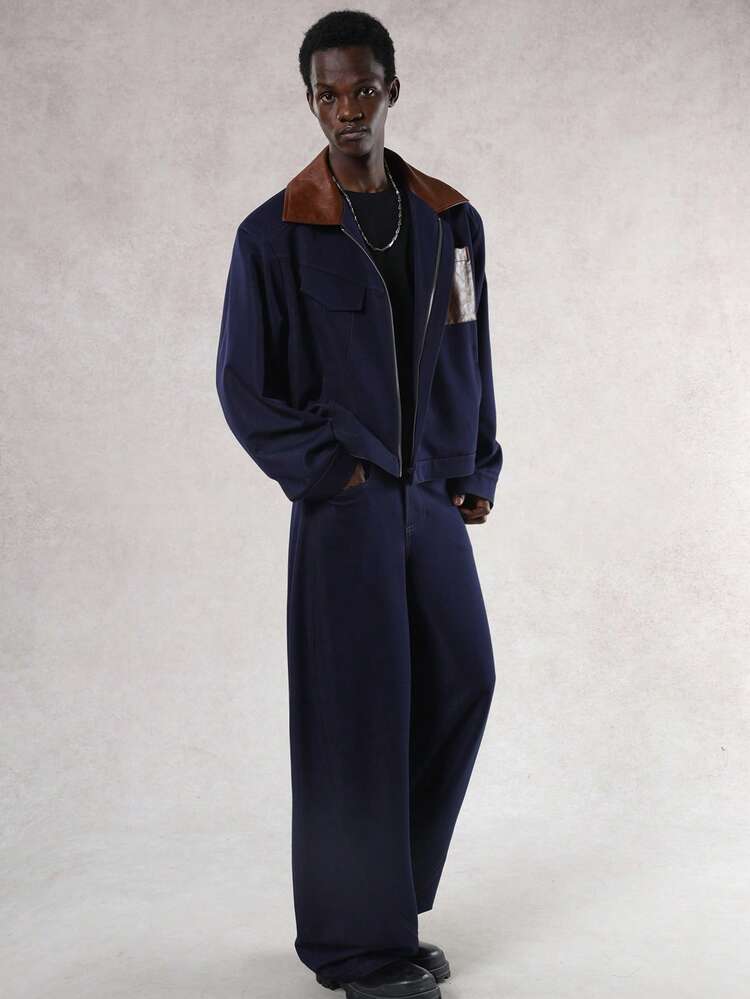Navy Blue Patchwork Contrast Collar Pocket Woven Smooth Fabric Shirt & Pants Set For Men, Autumn