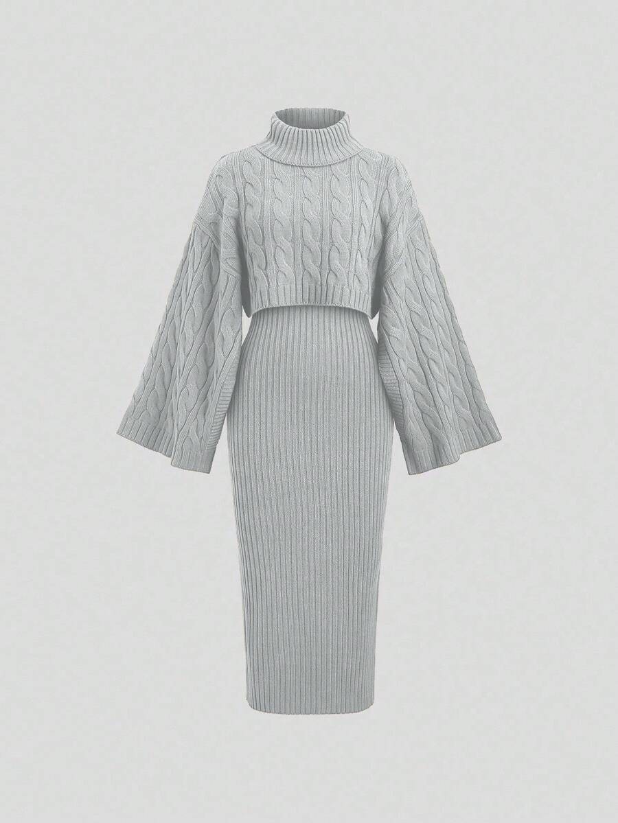 Sweetra 2 件套女式休闲针织毛衣上衣和长裙套装，宽松高领长袖短款上衣和裙子，秋冬 - 灰色 - 查看 1