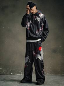 AXEPEAK Bộ áo hoodie và quần nỉ in hình rồng phượng thường ngày cho nam, Thu/Đông - màu đen - Xem 1