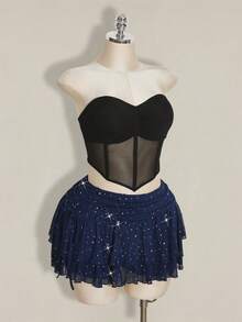 SHEIN ICON Plus Size Ruched Tie-Up High Slit Layered Glitter Mesh Mini Skirt - Navy Blue - View 5