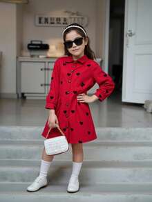 SHEIN Elladie kids Young Girl' Casual Heart Pattern Corduroy Shirt Dress, Autumn/Winter