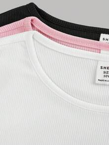 SHEIN Girlism 3pcs/Set Tween Girls' Fitted Casual Solid Color Round Neck Ruched Long Sleeve T-Shirt - Baby Pink - View 9