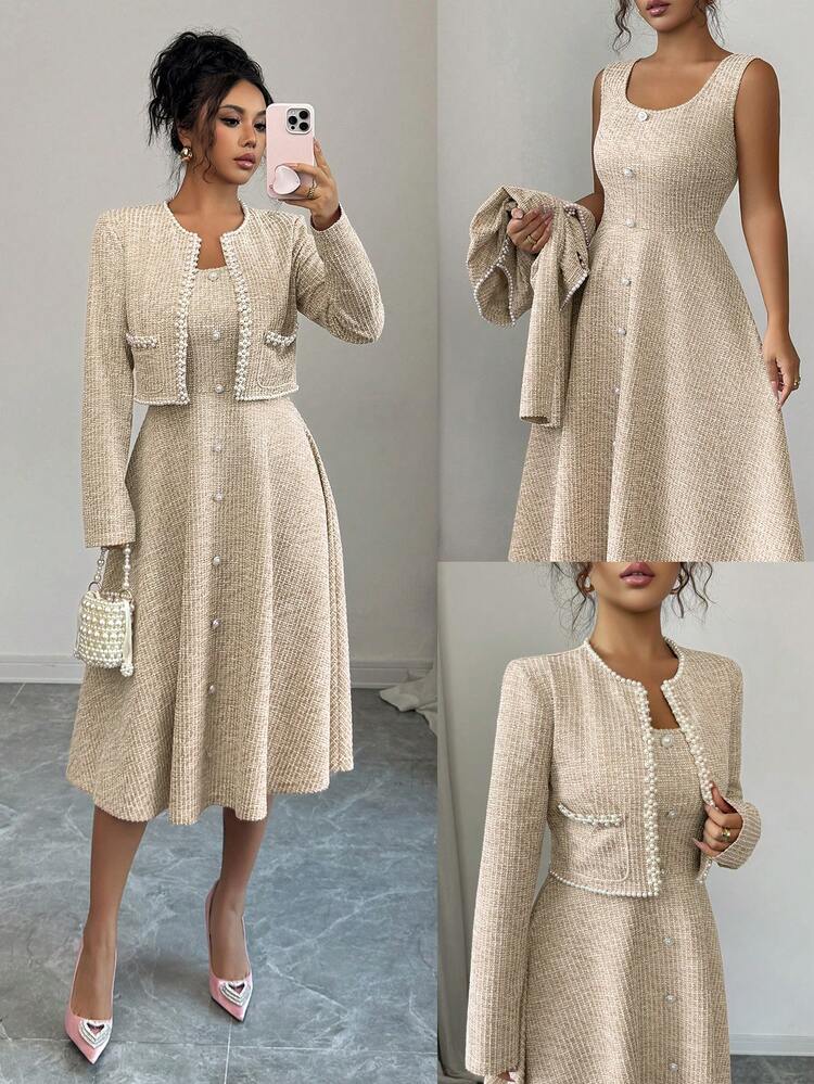 Elenzga Strój na randkę wczesną jesienią dla kobiet, odpowiedni na powrót do szkoły, strój nauczycielski, styl , dojrzała elegancja, dojazdy do pracy, swobodny styl biznesowy, biuro, francuski szyk, słodki, koreański styl, koralikowe rzemiosło, sukienka w kształcie litery A z pasem w talii i krótka marynarka, 2-częściowy komplet, sukienka średniej długości, różowy - Morela - Zobacz 3