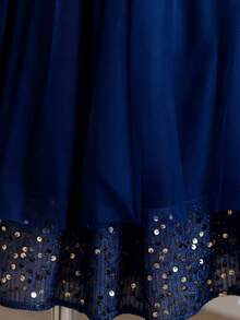 Vestido corto de niña de las flores con mangas de capa, de malla con lentejuelas y línea A, adecuado para bodas, fiestas, cumpleaños y actuaciones - Azul Marino - Ver 3