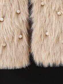 Elladie kids Young Girls Fluffy Cardigan Jacket With Pearl Decor, Suitable For Casual, Fashionable And Elegant Daily Wear - Khaki - View 3