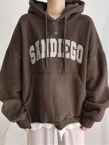 DAZY Women's Letter Embroidered Drop Shoulder Long Sleeve Drawstring Hooded Casual Pocket Sweatshirt