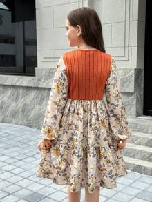 SHEIN NovaGlow Tween Girl Tween Girls Crew Neck Kaki Knit Patchwork Ditsy Floral Dress - màu nâu - Xem 2