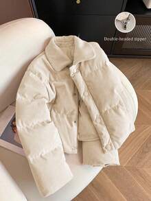 GlowEve 女士秋冬韩版粉色灯芯绒拼接领棉质羽绒服，独特设计百搭外套 - 卡其色 - 查看 1