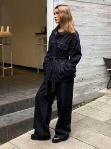 DAZY Women's Drop Shoulder Long Sleeve Single-Breasted Belt Design Jacket And Pants Casual Denim Suit - Navy Blue - View 1