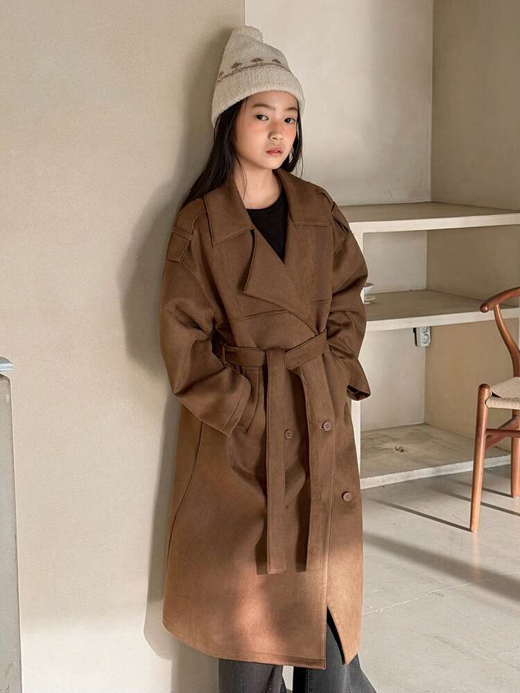 Tween Girls Faux Suede Lapel Long Pants Windbreaker Jacket, Fall Leather Jacket