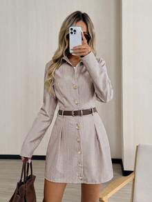 Easowa Vestido corto casual y holgado de estilo vintage con botones metálicos y manga larga para mujeres, otoño/invierno