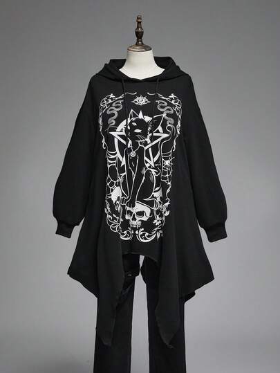 Goth Plus Size Vintage Dark Gothic Mysterious Black Cat Astrology Graphic Hooded Asymmetrical Hem Sweatshirt/Winter