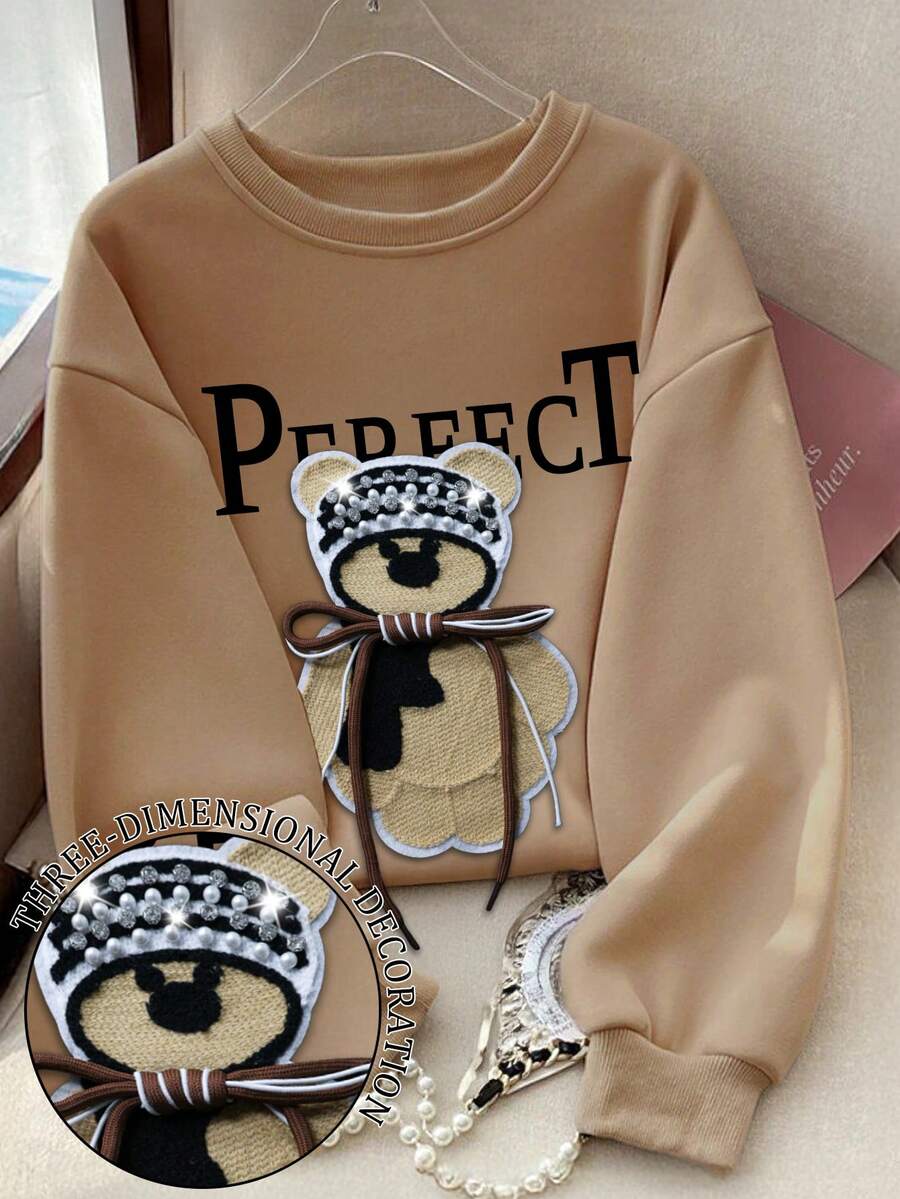 Resyla Sudadera casual de cuello redondo con manga larga con bordado de oso lindo, un regalo para amigos, otoño/invierno - Caqui - Ver 1