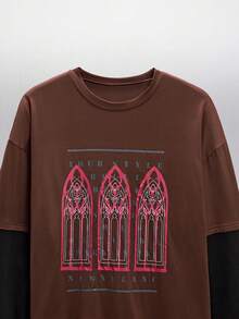 NEON BLANC Men's Graphic T-Shirt Fake Two-Piece Long-Sleeved T-Shirt Loose Casual Round Neck Top - Brown - View 4