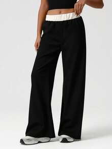 EURMUSE Women's Solid Double Waist Detailed Regular Fit Wide Leg Casual Pants - Black and White - View 3
