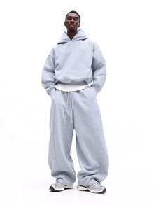 SUMWON Bộ đồ hoodie pha trộn cỡ lớn và quần nỉ ống rộng phối chi tiết đường may cho trang phục mặc nhà mùa đông thoải mái hàng ngày - Xám - Xem 1