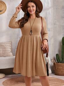 EMERY ROSE 大码纯色圆领口袋休闲长袖秋季连衣裙 - 棕色 - 查看 4