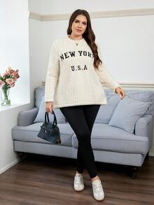 SHEIN LUNE Plus Size Women's Beige 2 Pieces Set Winter Casual School Independence Day Letter Embroidery Fleece Sweatshirt&Black Leggings New York Streetwear - Multicolor - View 6