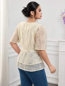 Modelyn Plus Size Women V-Neck Short Sleeve Solid Color Lace Embroidery Blouse - Apricot - View 2