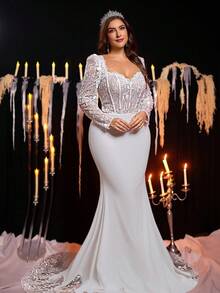 Glamrae Tuta di lusso elegante con maniche trasparenti, scollo a V, patch in pizzo ricamato, tessuto maglia elasticizzato, coppa reggiseno trasparente, allacciatura a spina di pesce sulla schiena, gonna lunga a sirena con bordo in pizzo ricamato, adatta per matrimoni, feste, vacanze, abito da sposa informale (ricamo pesante) - Bianco - Visualizzare 6
