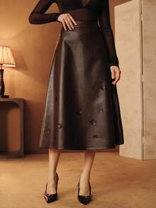 Anewsta 优雅复古高端时尚3D花卉装饰A字棕色半身裙，百搭 - 棕色 - 查看 5