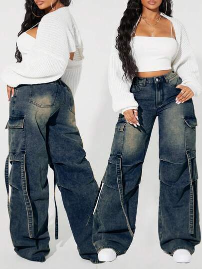 SHEIN ICON 大码女式街头风休闲多口袋牛仔裤