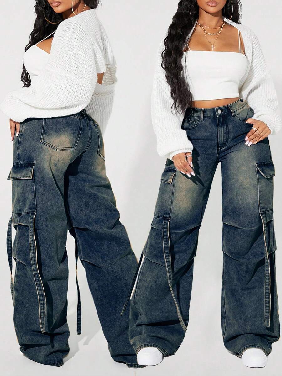 SHEIN ICON 大码女式街头风休闲多口袋牛仔裤