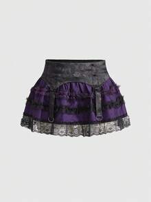 ROMWE Goth 情人节哥特式提花网纱蕾丝拼接蛋糕边低腰迷你裙 - 紫色 - 查看 1