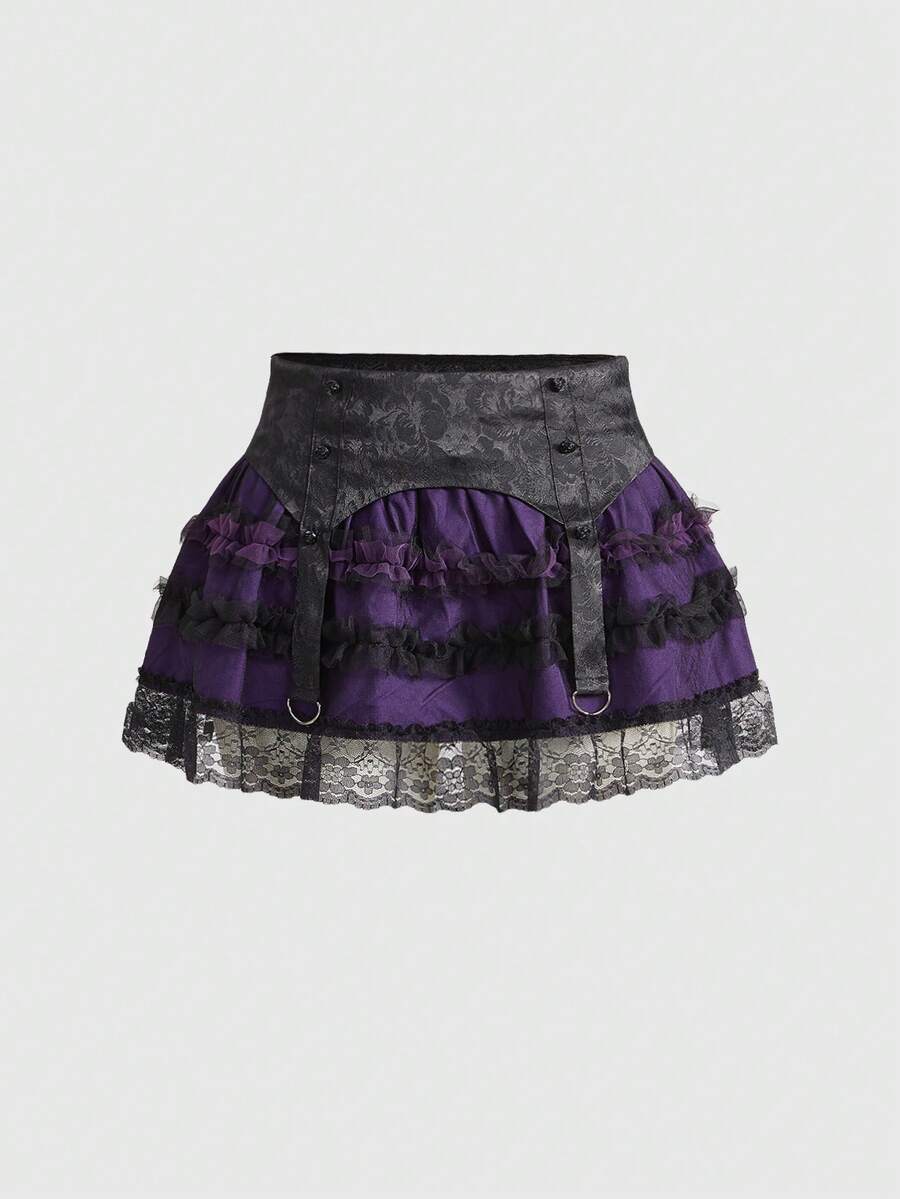 ROMWE Goth 情人节哥特式提花网纱蕾丝拼接蛋糕边低腰迷你裙 - 紫色 - 查看 1
