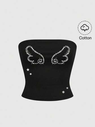 Kawaii Canotta in cotone nero con emoticon carini, stile coreano con cuore, ali e stelle, in stile Y2K